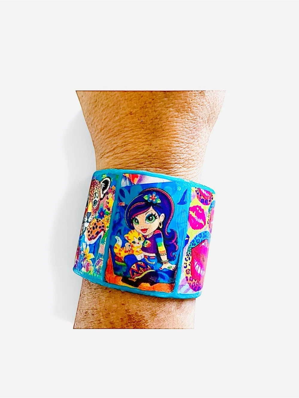 Bright and Whimsical Character Bracelet with Cute Girl and Kitten, Lips, Leopard